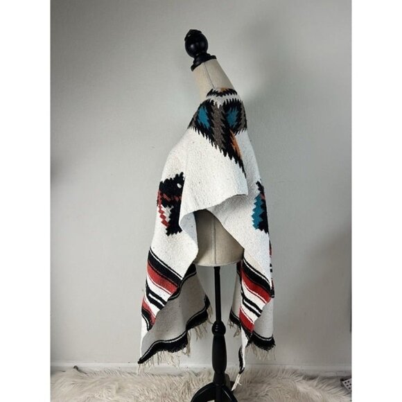 Native Mexican Horse Poncho Heavy Blanket Aztec Southwest Serape Fringe OS - Picture 2 of 12